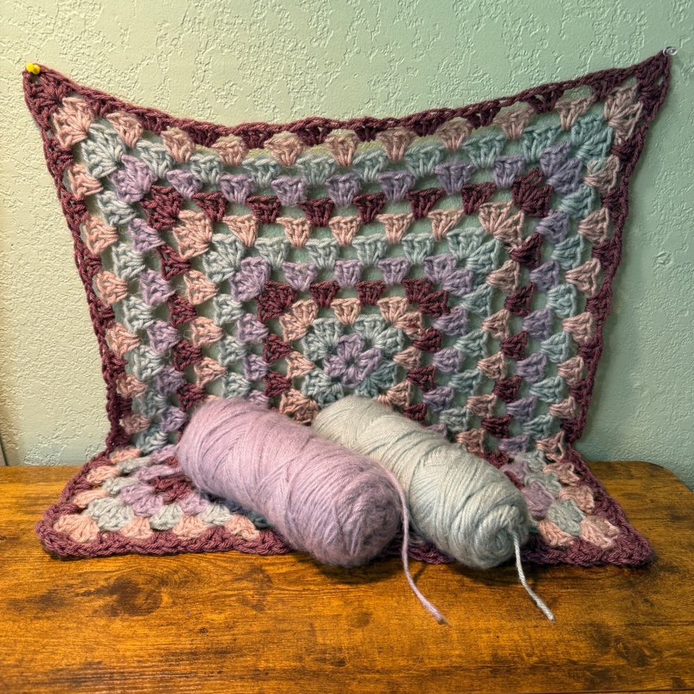 Handmade Crochet Granny Square Project w/ 2 Skeins Yarn Lavender Turquoise